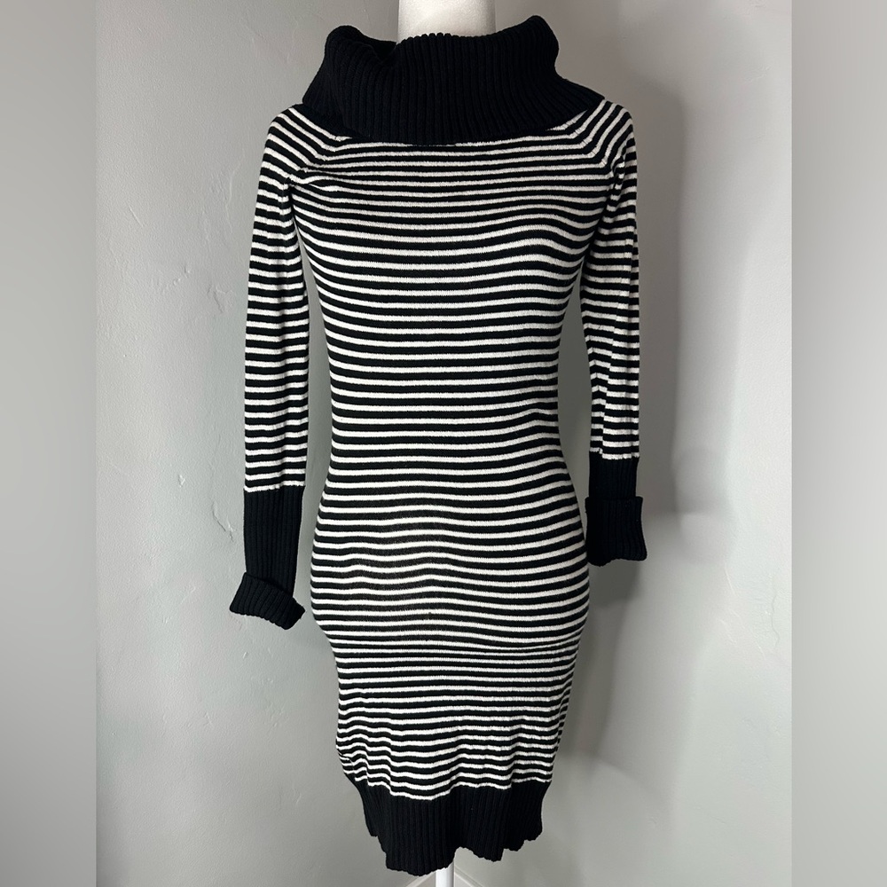 BCBGMaxAzria Women’s Black White Striped Sweater Dress, Fold over Turtleneck, S